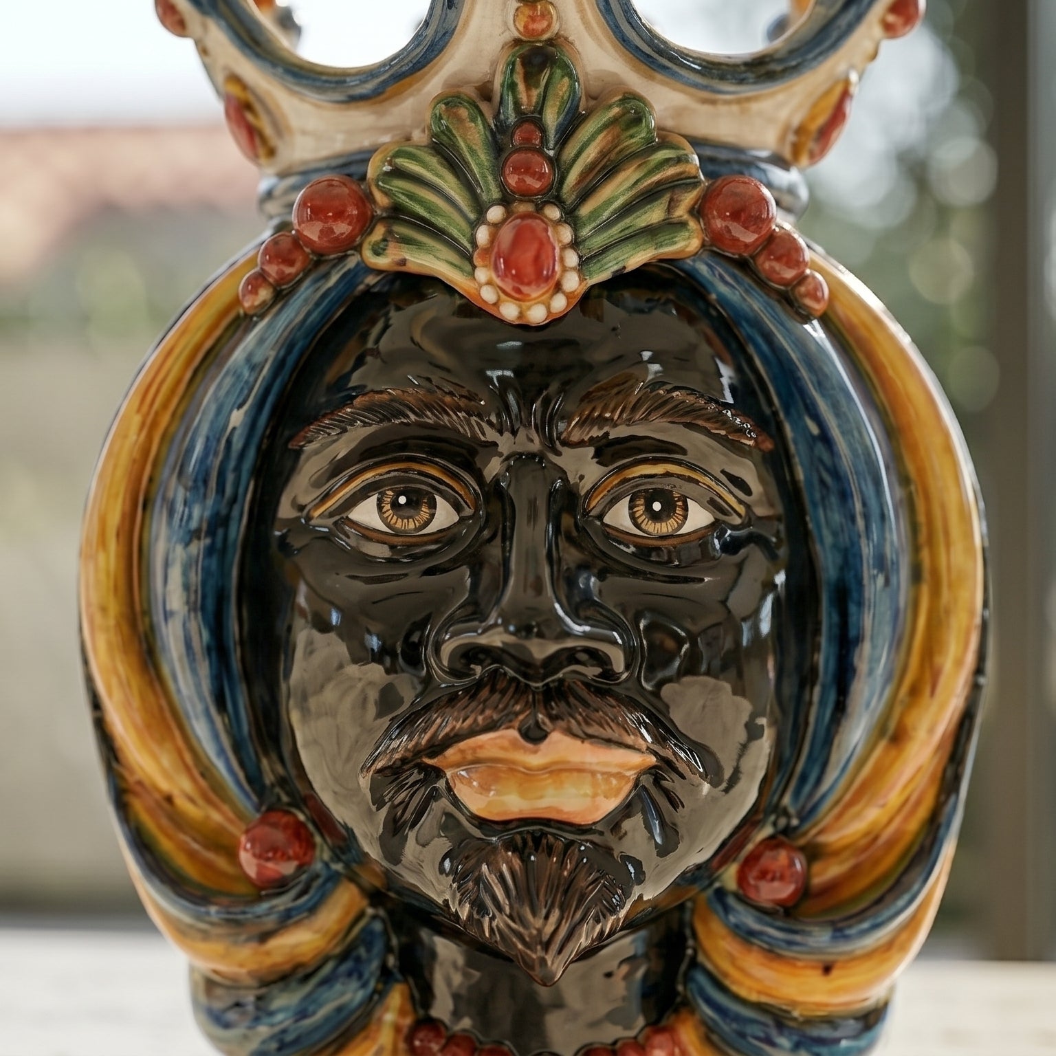 Lume a Testa, Maschio Moro, Blu e Arancio. Ceramica siciliana di Caltagirone, Sofia