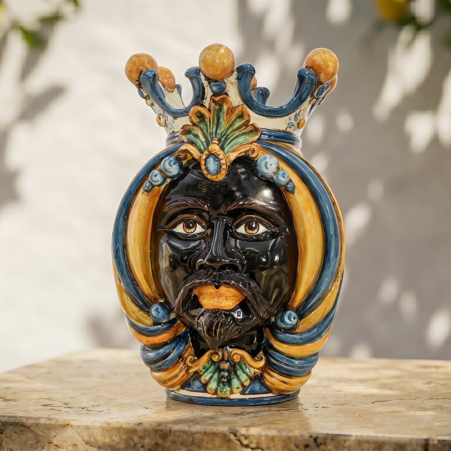Testa di Moro, Maschio Moro, Blu e Arancio. Ceramica siciliana di Caltagirone, Sofia