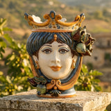 Testa di Moro con Fichi, Donna, Blu e Arancio, fico d'India in rilievo. Ceramiche Sofia, Caltagirone