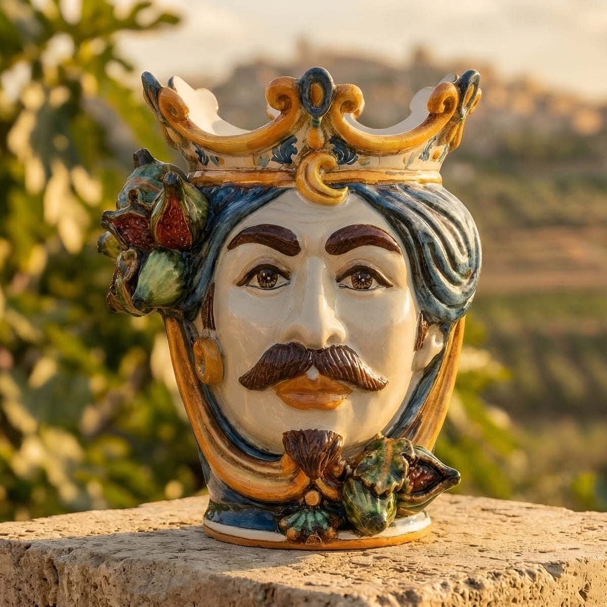 Testa di Moro con Fichi, Maschio Bianco, Blu e Arancio, fico d'India in rilievo. Ceramiche Sofia, Caltagirone