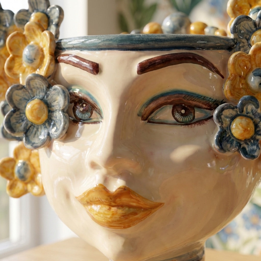 Testa di Moro con Fiori, Blu e Arancio. Ceramica siciliana di Caltagirone, Sofia