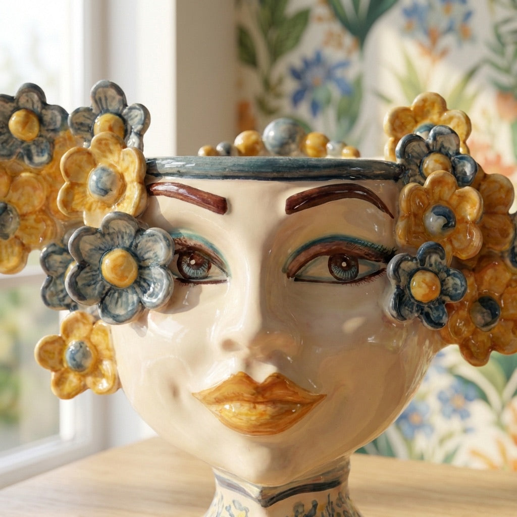 Testa di Moro con Fiori, Blu e Arancio. Ceramica siciliana di Caltagirone, Sofia