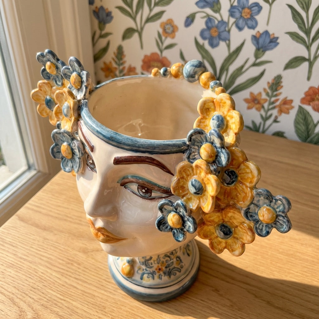Testa di Moro con Fiori, Blu e Arancio. Ceramica siciliana di Caltagirone, Sofia