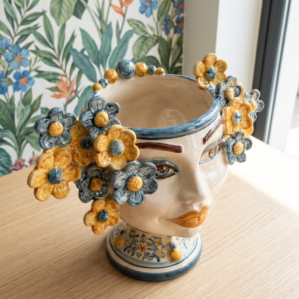 Testa di Moro con Fiori, Blu e Arancio. Ceramica siciliana di Caltagirone, Sofia