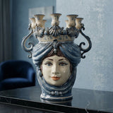 Testa di Moro a Candeliere, Donna, Mono Blu. Ceramica siciliana di Caltagirone, Sofia
