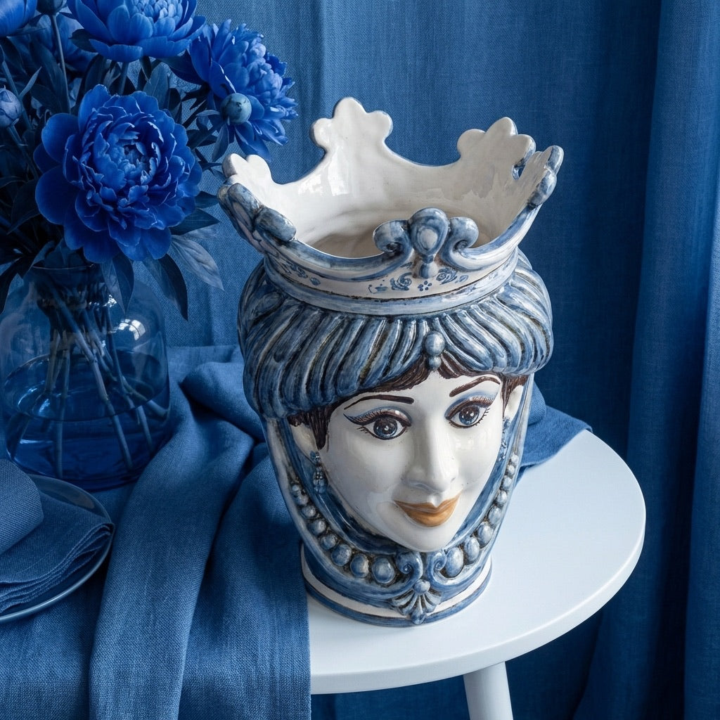 Testa di Moro con Perline, Donna, Mono Blu. Ceramiche Sofia, Caltagirone