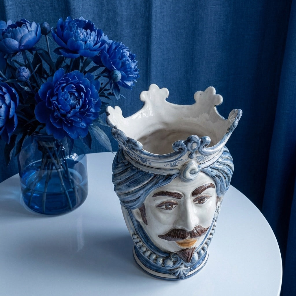 Testa di Moro con Perline, Maschio Bianco, Mono Blu. Ceramiche Sofia, Caltagirone