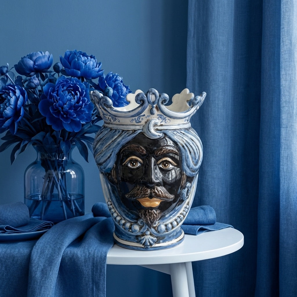 Testa di Moro con Perline, Maschio Moro, Mono Blu. Ceramica siciliana di Caltagirone, Sofia