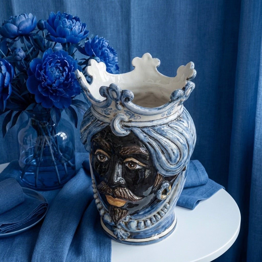 Testa di Moro con Perline, Maschio Moro, Mono Blu. Ceramica siciliana di Caltagirone, Sofia