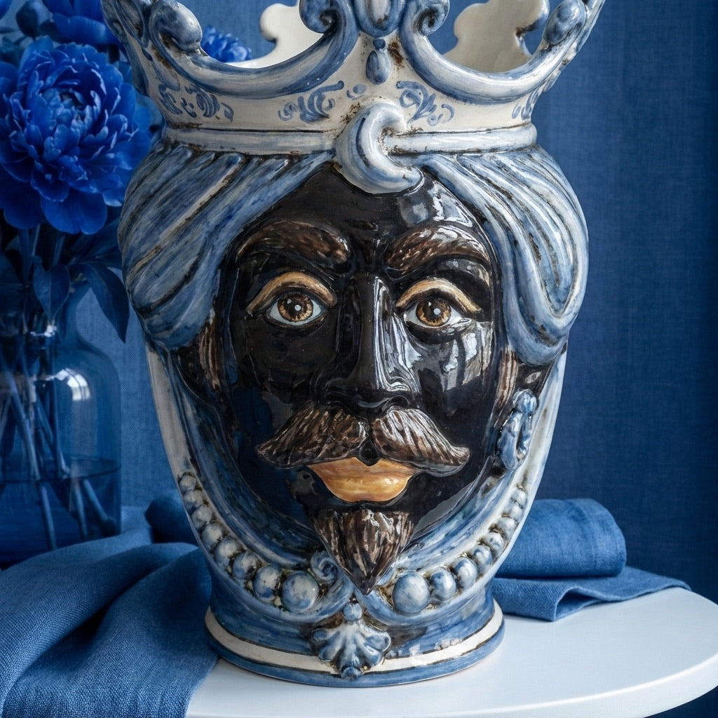 Testa di Moro con Perline, Maschio Moro, Mono Blu. Ceramica siciliana di Caltagirone, Sofia