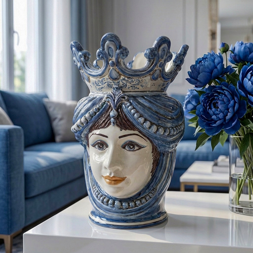 Testa di Moro con Perline, Donna, Mono Blu. Ceramica siciliana di Caltagirone, Sofia