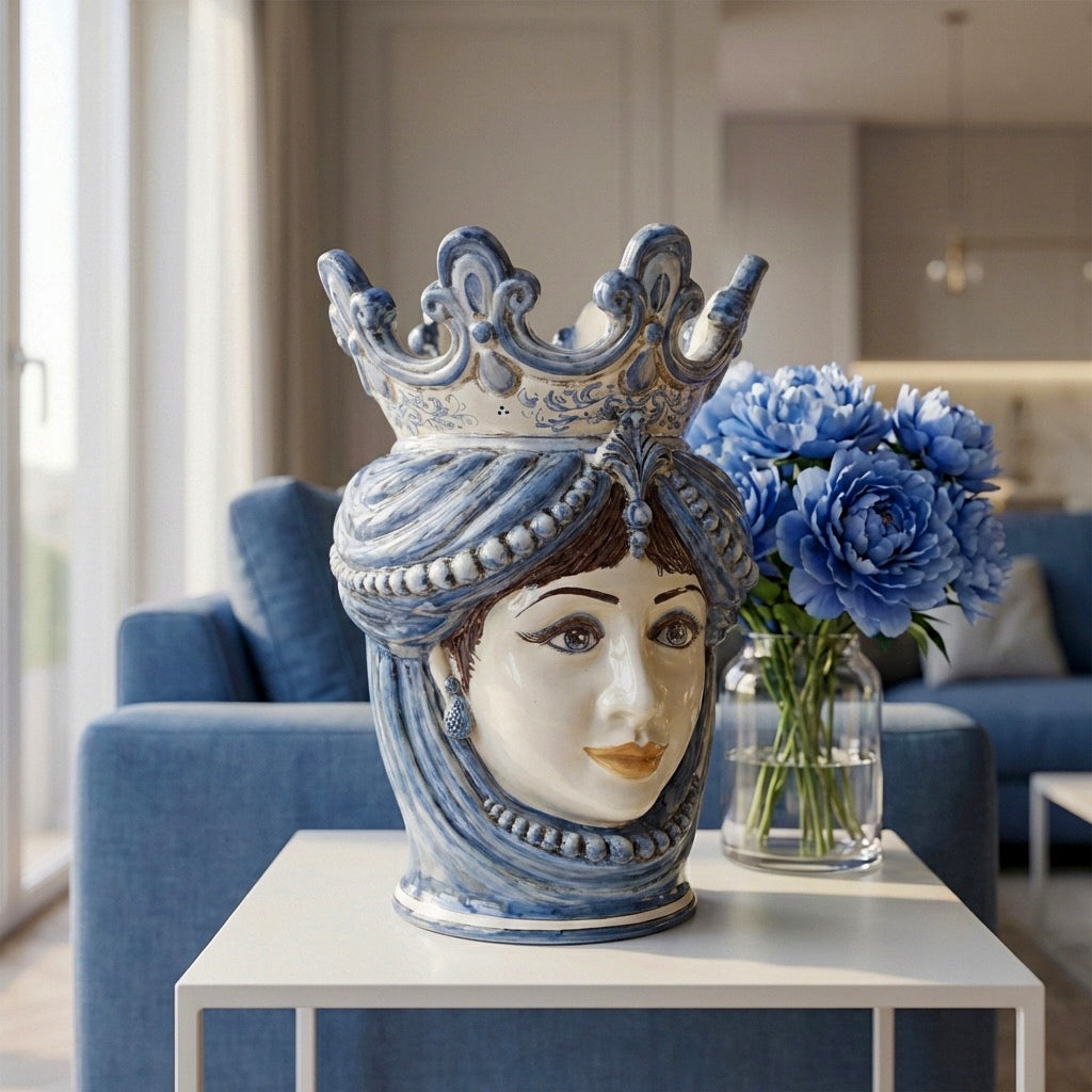 Testa di Moro con Perline, Donna, Mono Blu. Ceramica siciliana di Caltagirone, Sofia
