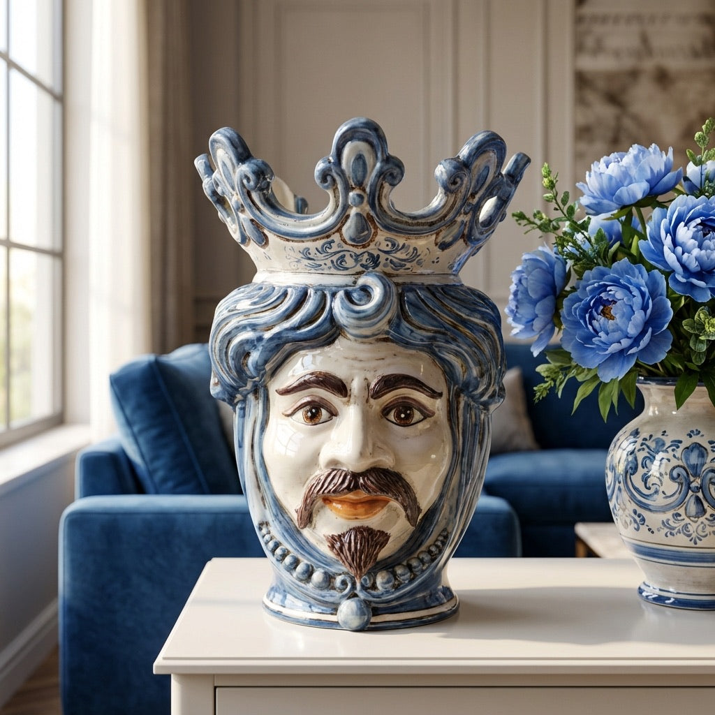 Testa di Moro con Perline, Maschio Bianco, Mono Blu. Ceramica siciliana di Caltagirone, Sofia