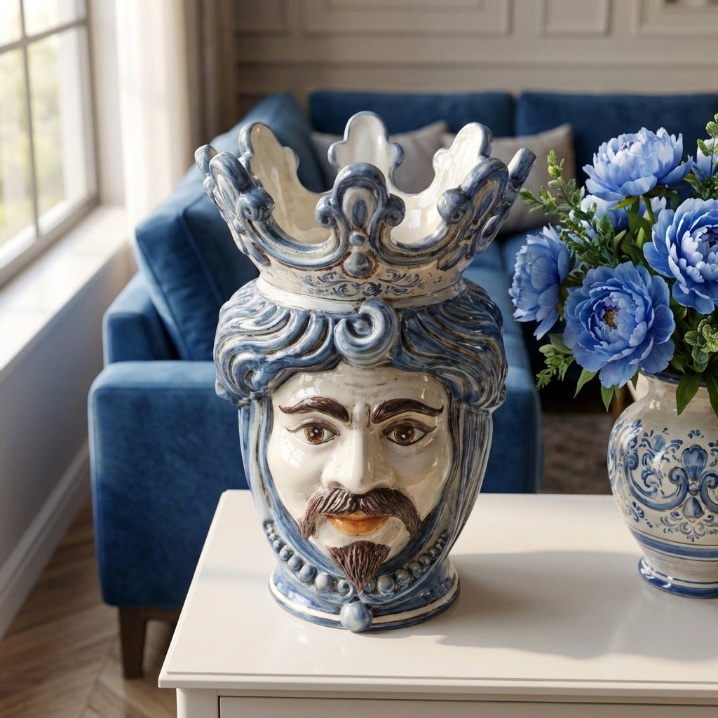 Testa di Moro con Perline, Maschio Bianco, Mono Blu. Ceramica siciliana di Caltagirone, Sofia