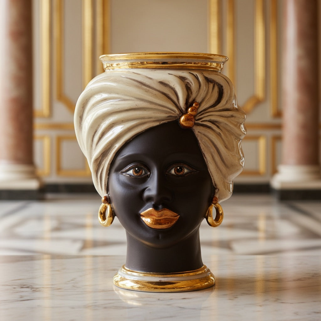 Testa Tuareg, Donna, Madreperla Antichizzato Oro e Lustri, turbante, oro zecchino. Ceramica siciliana di Caltagirone, Sofia