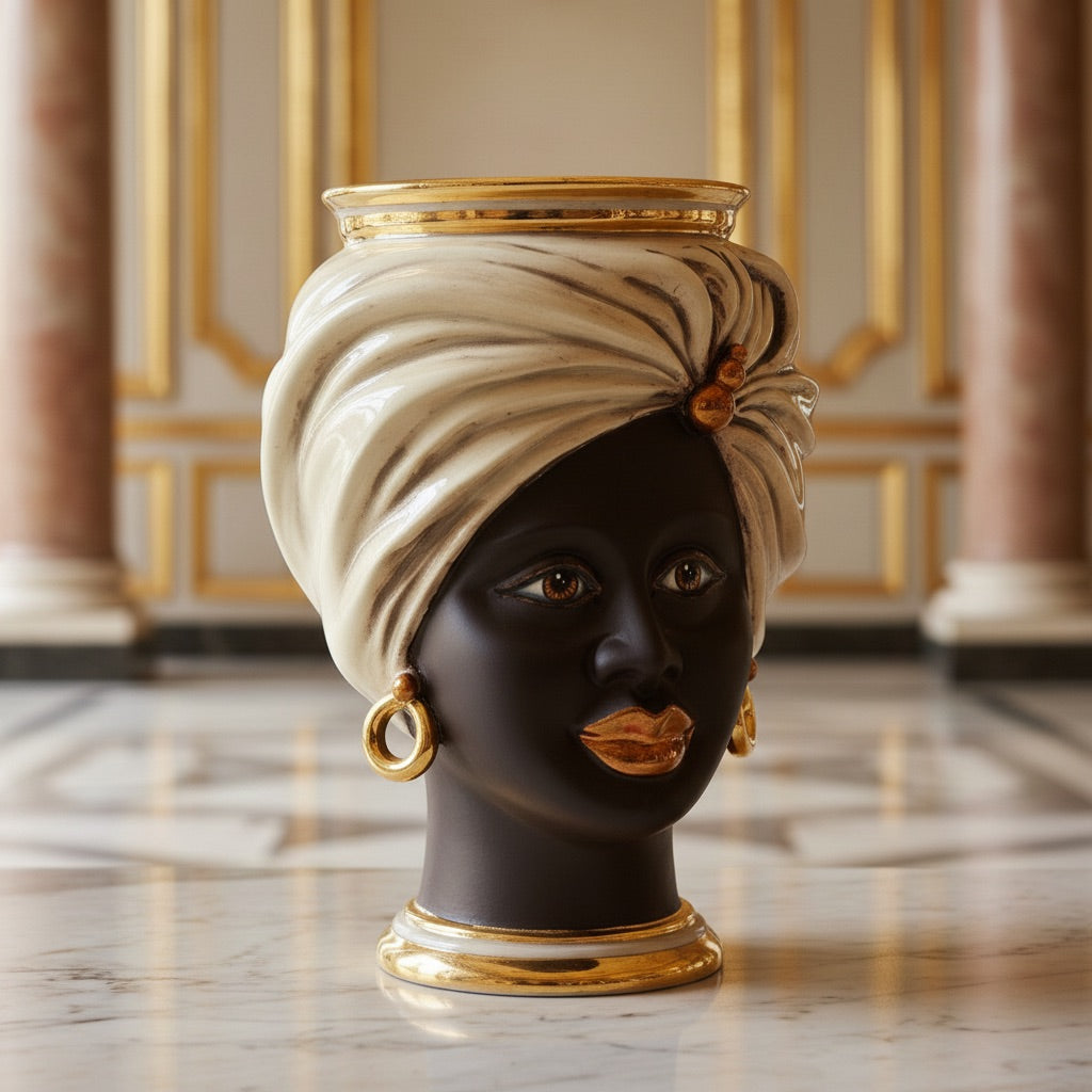 Testa Tuareg, Donna, Madreperla Antichizzato Oro e Lustri, turbante, oro zecchino. Ceramica siciliana di Caltagirone, Sofia