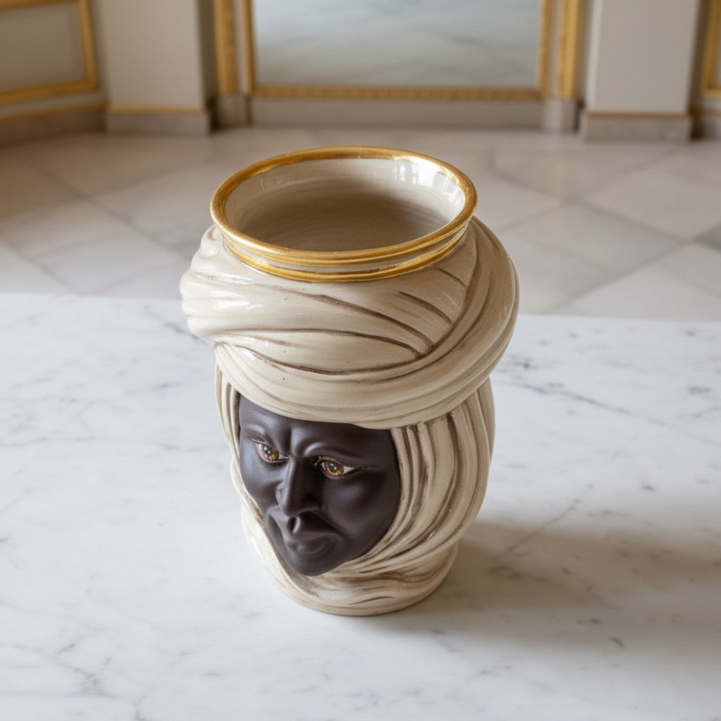 Testa Tuareg, Uomo, Madreperla Antichizzato Oro e Lustri, turbante, oro zecchino. Ceramiche Sofia, Caltagirone