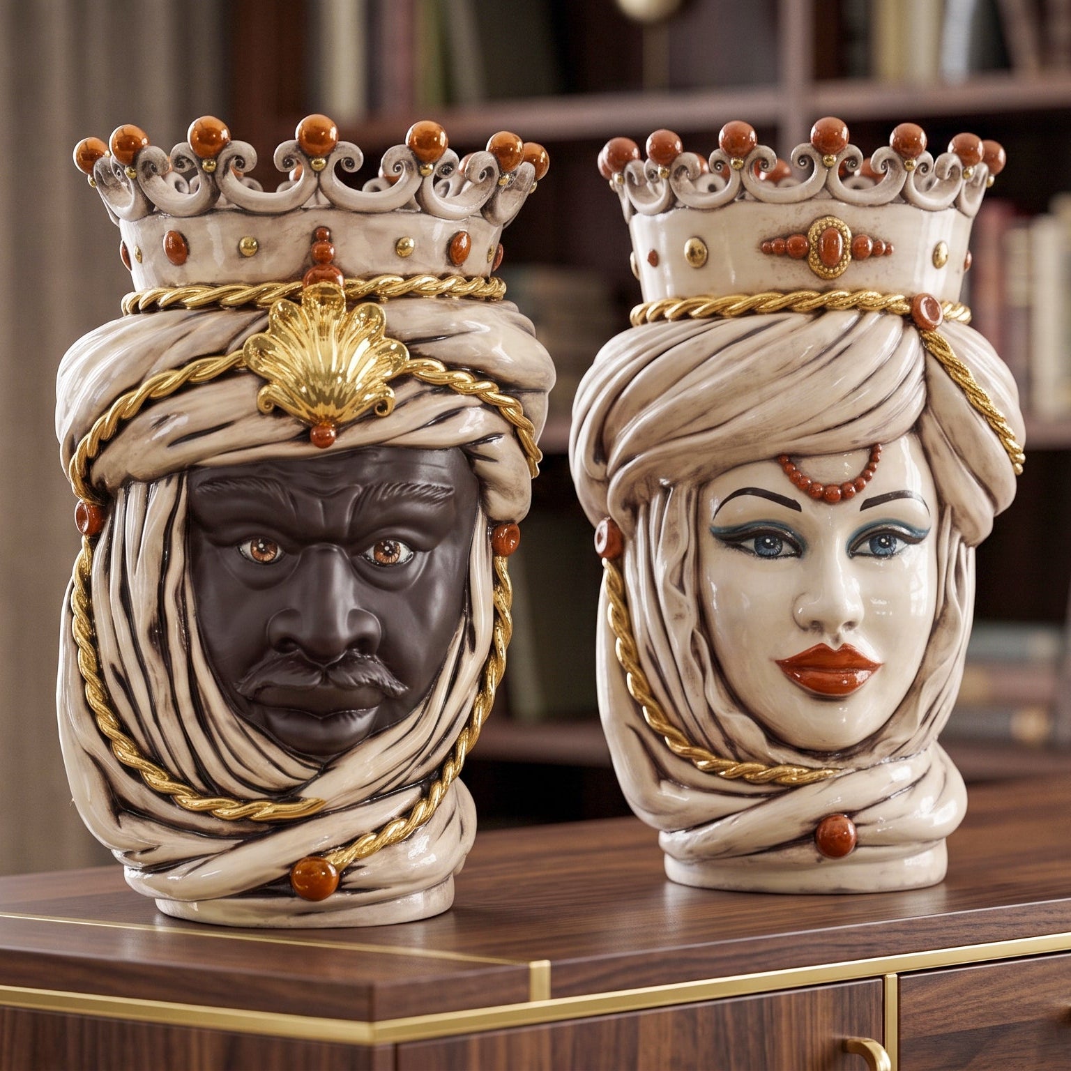 Testa di Moro, Madreperla Antichizzato Oro e Lustri, oro zecchino. Ceramica siciliana di Caltagirone, Sofia