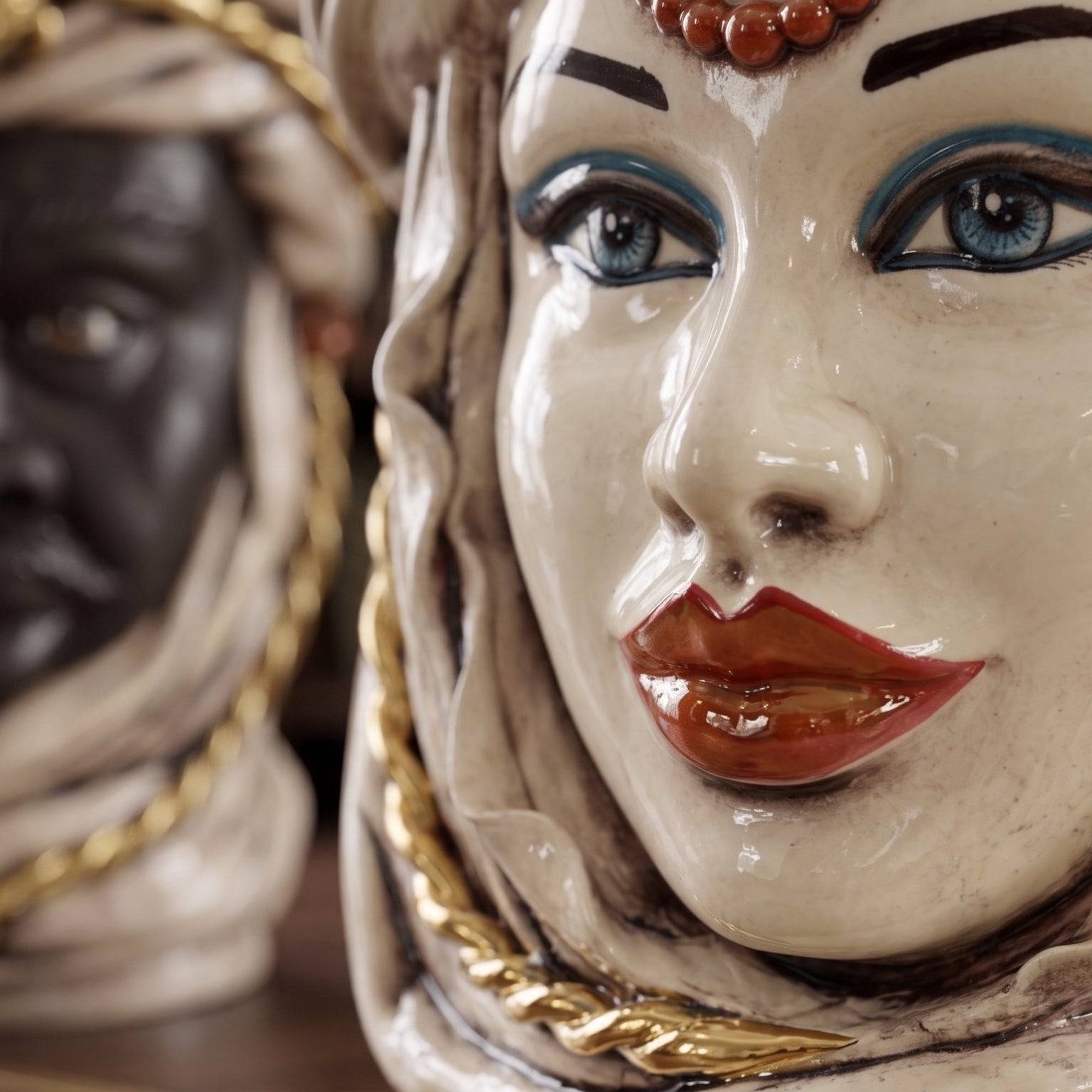 Testa di Moro, Donna, Madreperla Antichizzato Oro e Lustri, oro zecchino. Ceramica siciliana di Caltagirone, Sofia