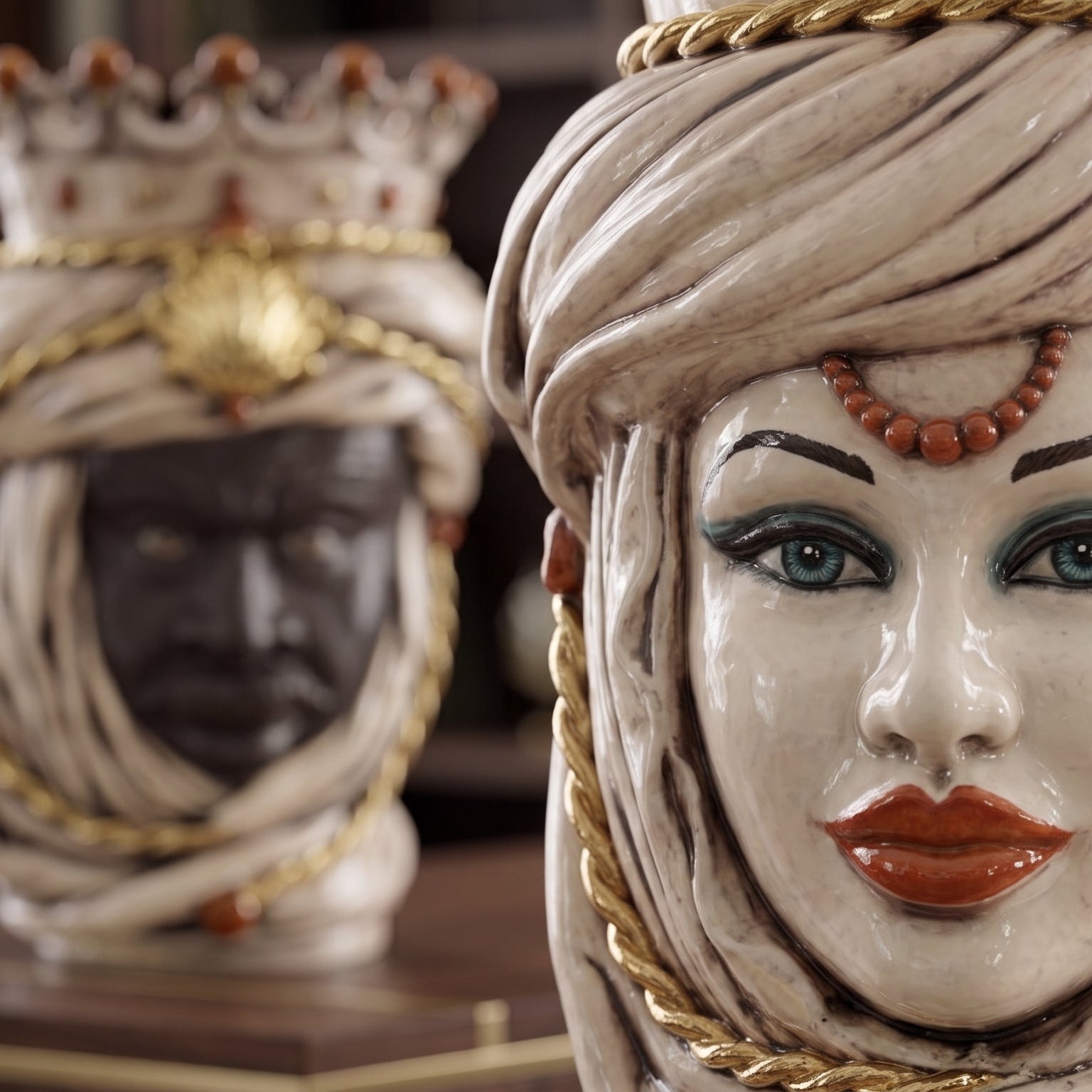 Testa di Moro, Donna, Madreperla Antichizzato Oro e Lustri, oro zecchino. Ceramica siciliana di Caltagirone, Sofia