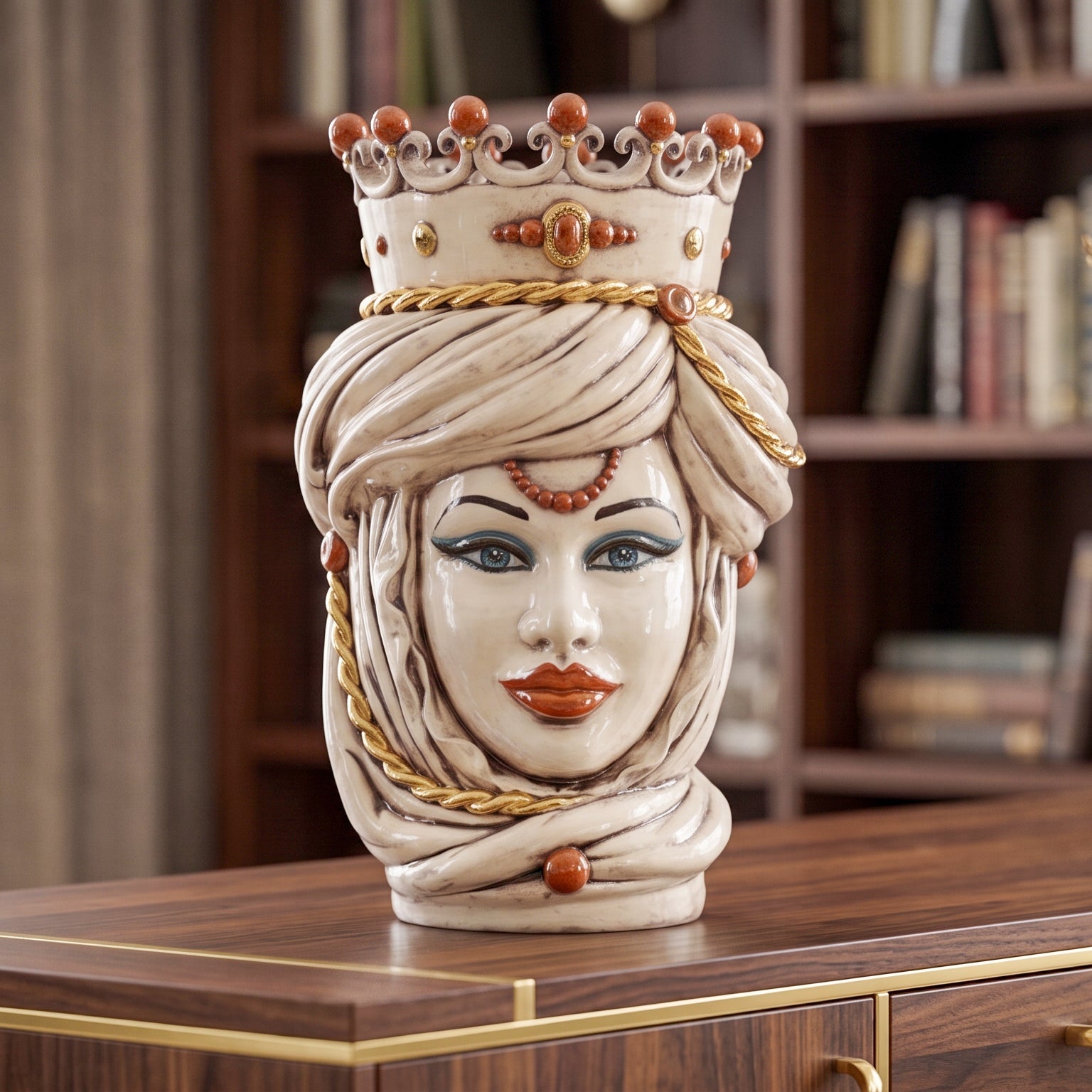 Testa di Moro, Donna, Madreperla Antichizzato Oro e Lustri, oro zecchino. Ceramica siciliana di Caltagirone, Sofia