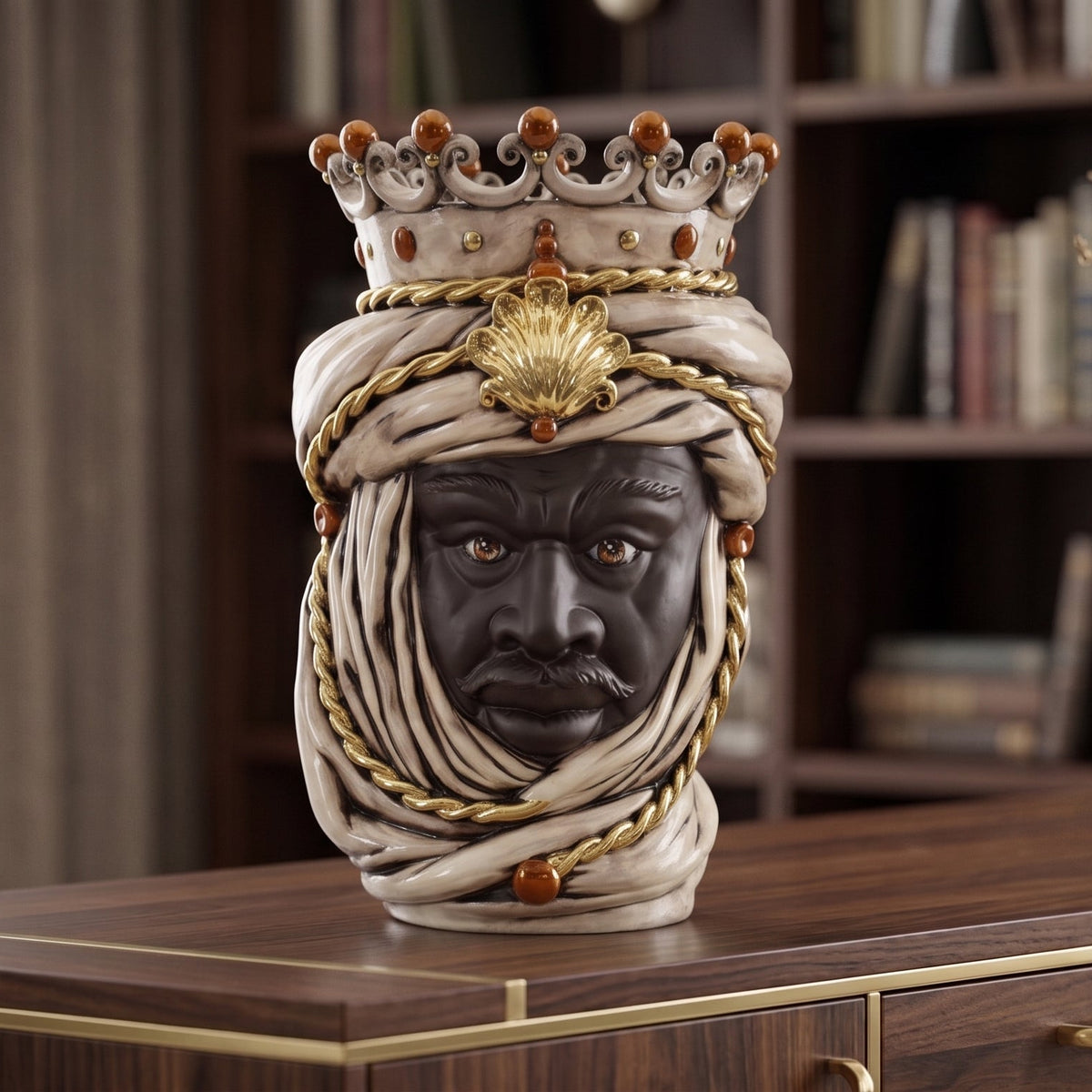 Testa di Moro, Maschio Moro, Madreperla Antichizzato Oro e Lustri, oro zecchino. Ceramica siciliana di Caltagirone, Sofia