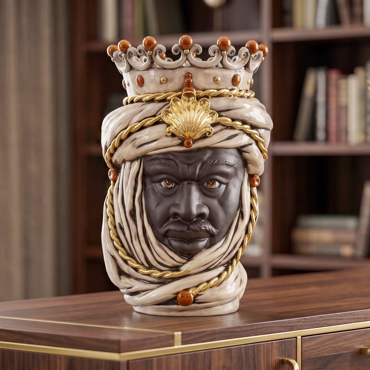 Testa di Moro, Maschio Moro, Madreperla Antichizzato Oro e Lustri, oro zecchino. Ceramica siciliana di Caltagirone, Sofia