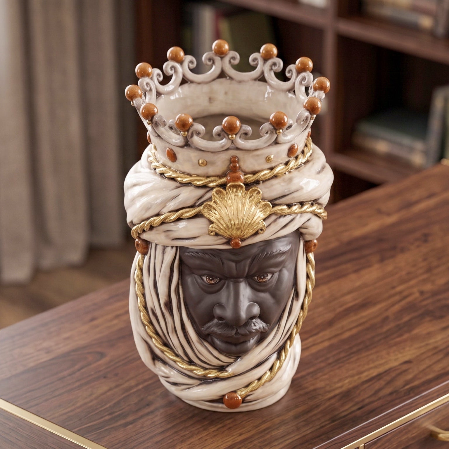 Testa di Moro, Maschio Moro, Madreperla Antichizzato Oro e Lustri, oro zecchino. Ceramica siciliana di Caltagirone, Sofia