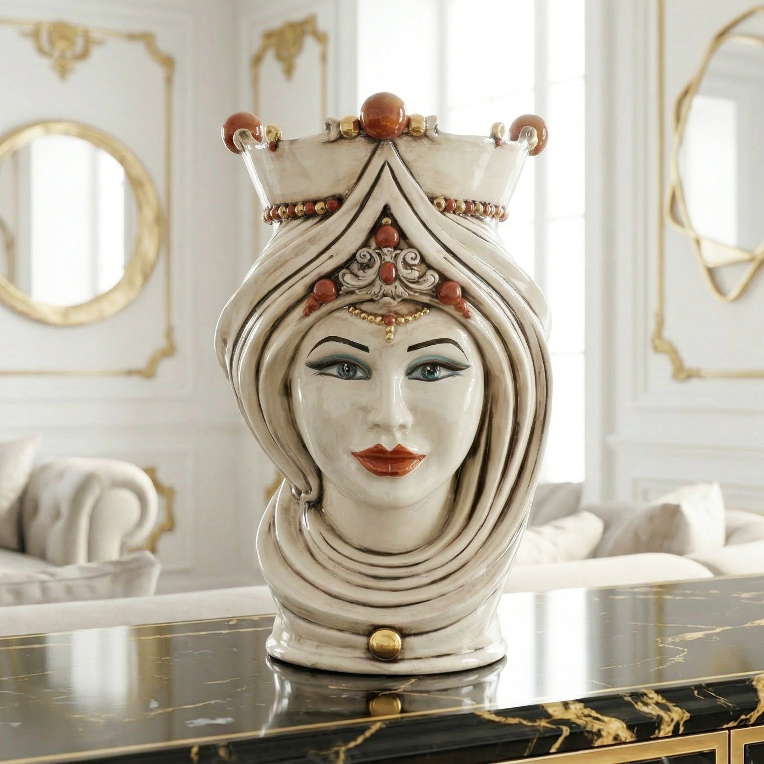 Testa di Moro con Turbante, Donna, Madreperla Antichizzato Oro e Lustri, oro zecchino. Ceramiche Sofia, Caltagirone