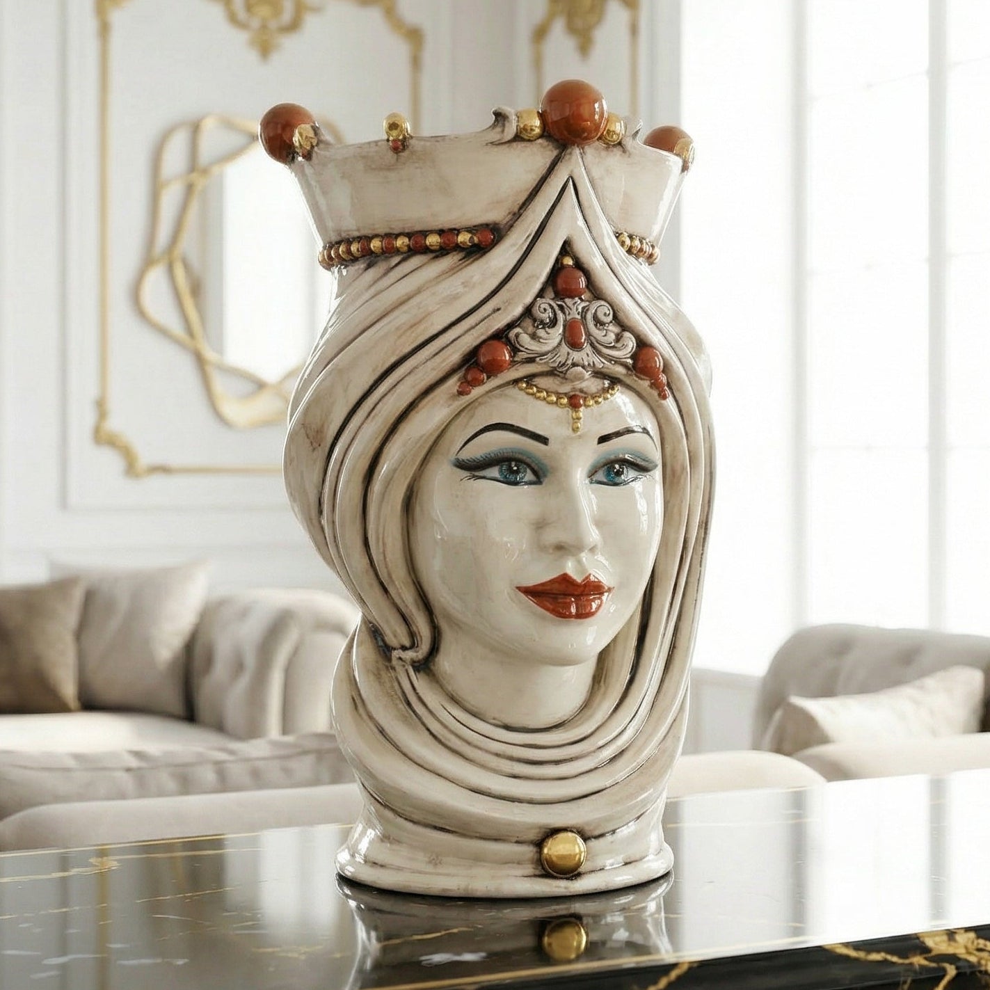 Testa di Moro con Turbante, Donna, Madreperla Antichizzato Oro e Lustri, oro zecchino. Ceramiche Sofia, Caltagirone