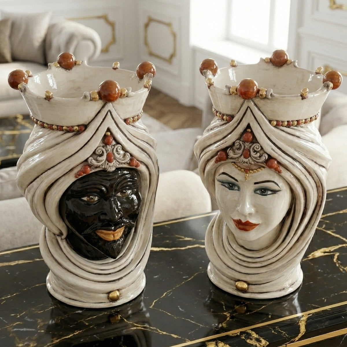 Testa di Moro con Turbante, Maschio Moro, Madreperla Antichizzato Oro e Lustri, oro zecchino. Ceramiche Sofia, Caltagirone