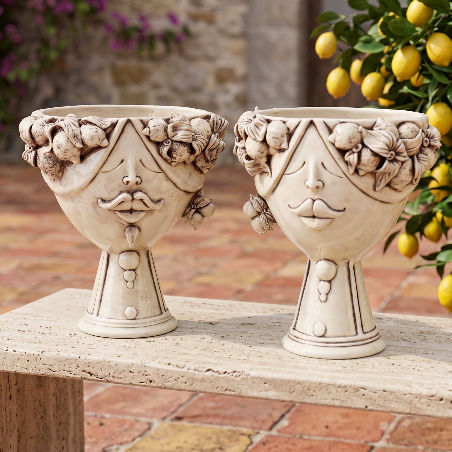 Testa Zahira con Limoni h 30 cm - Donna, Madreperla Antichizzato | Ceramica Caltagirone