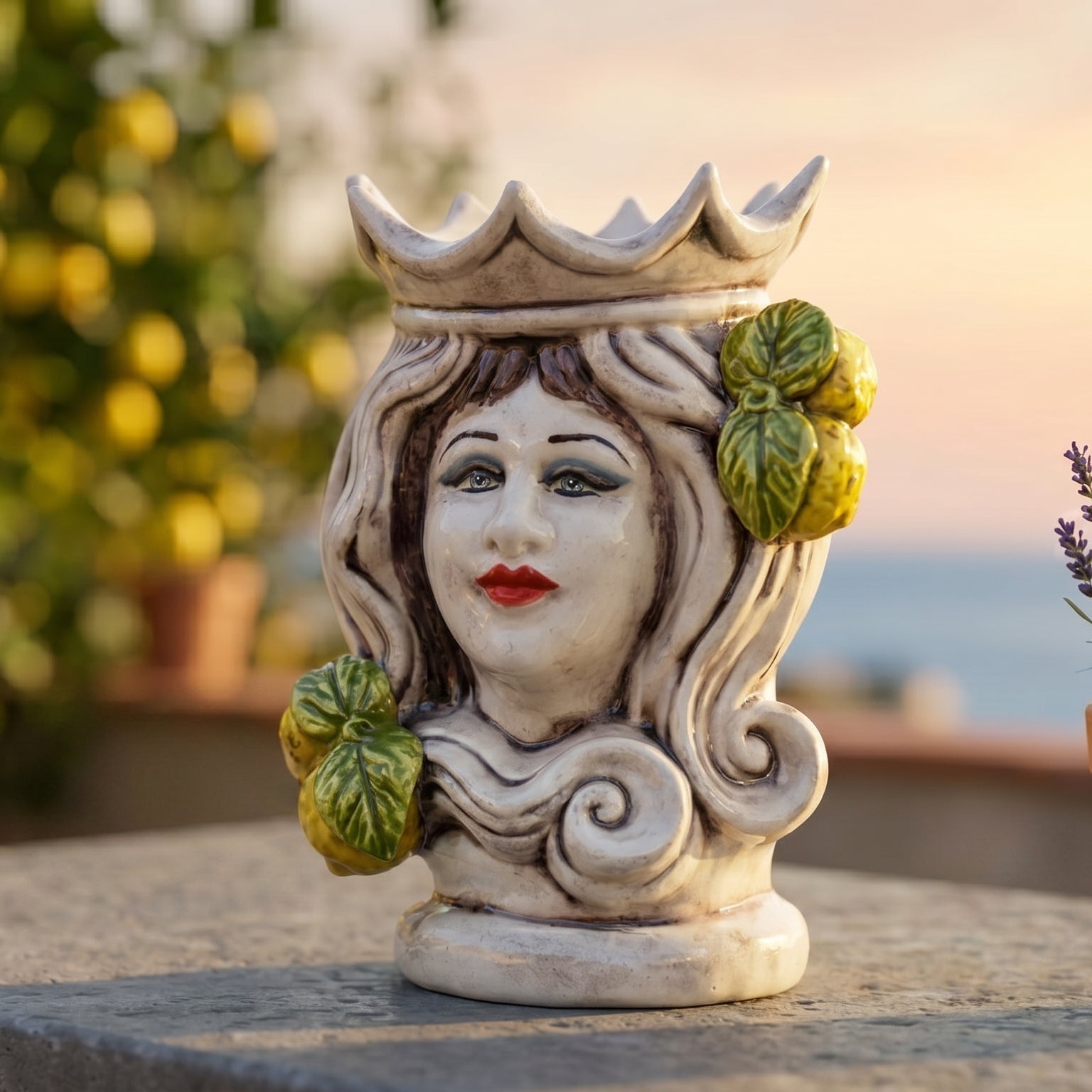 Testa di Moro, Femmina, Limoni di Sicilia, Madreperla Colorato, decoro barocco in rilievo. Ceramiche Sofia, Caltagirone