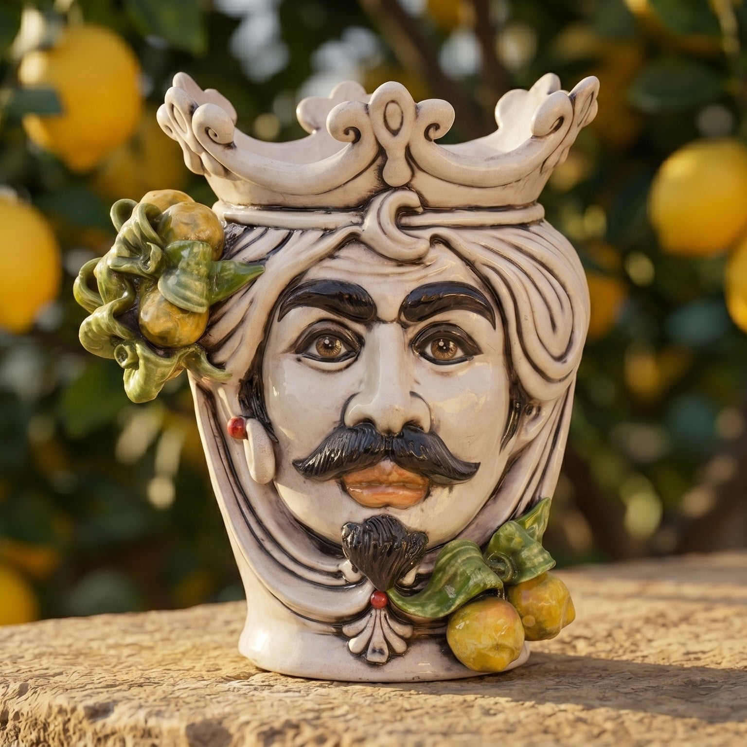 Testa di Moro con Limoni, Uomo, Madreperla. Ceramica siciliana di Caltagirone, Sofia