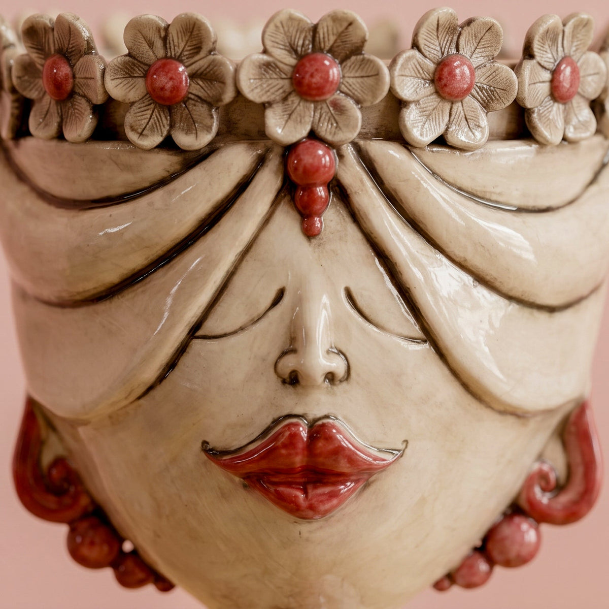 Testa Zahira con Fiori h 30 cm - Donna, Madreperla Antichizzato | Ceramica Caltagirone