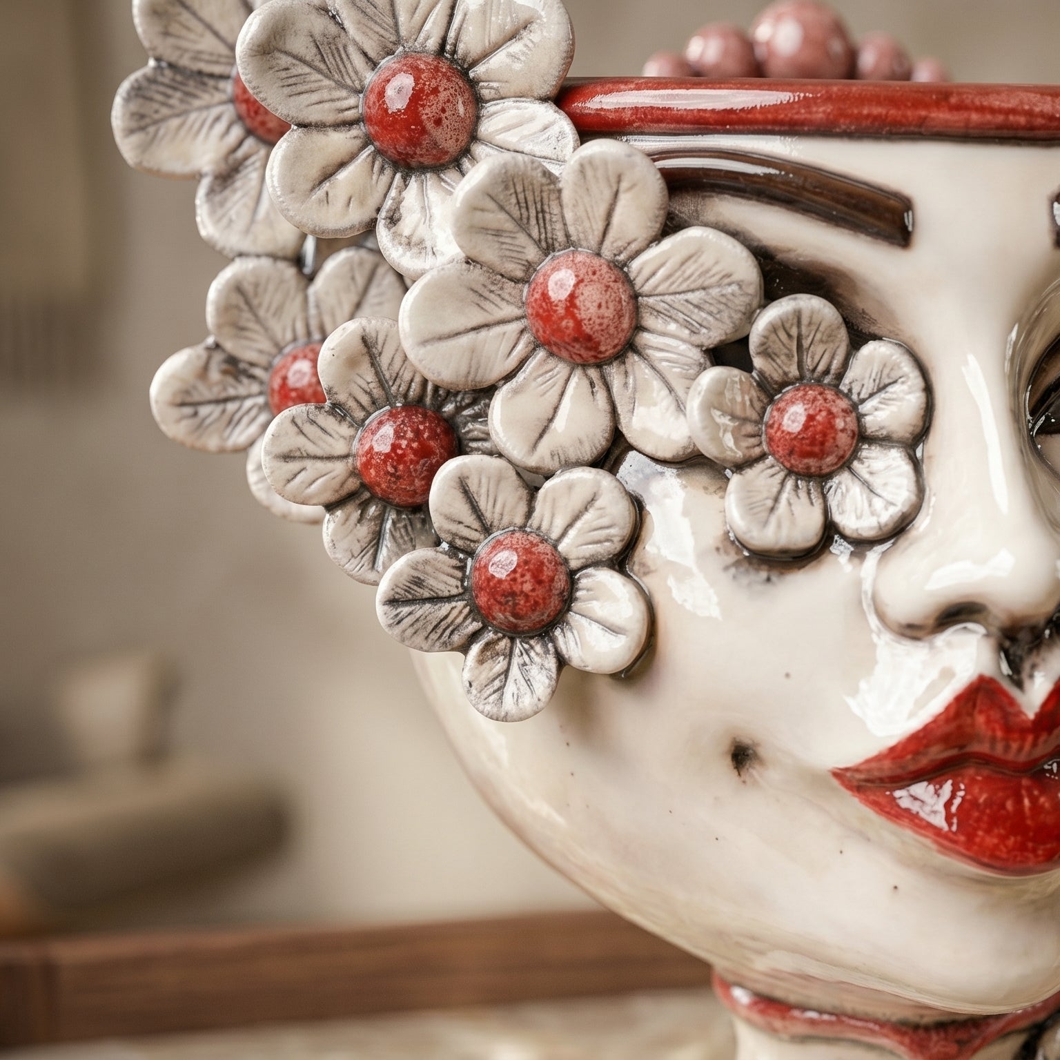 Testa di Moro con Fiori, Donna, Madreperla, volto, labbra. Ceramiche Sofia, Caltagirone