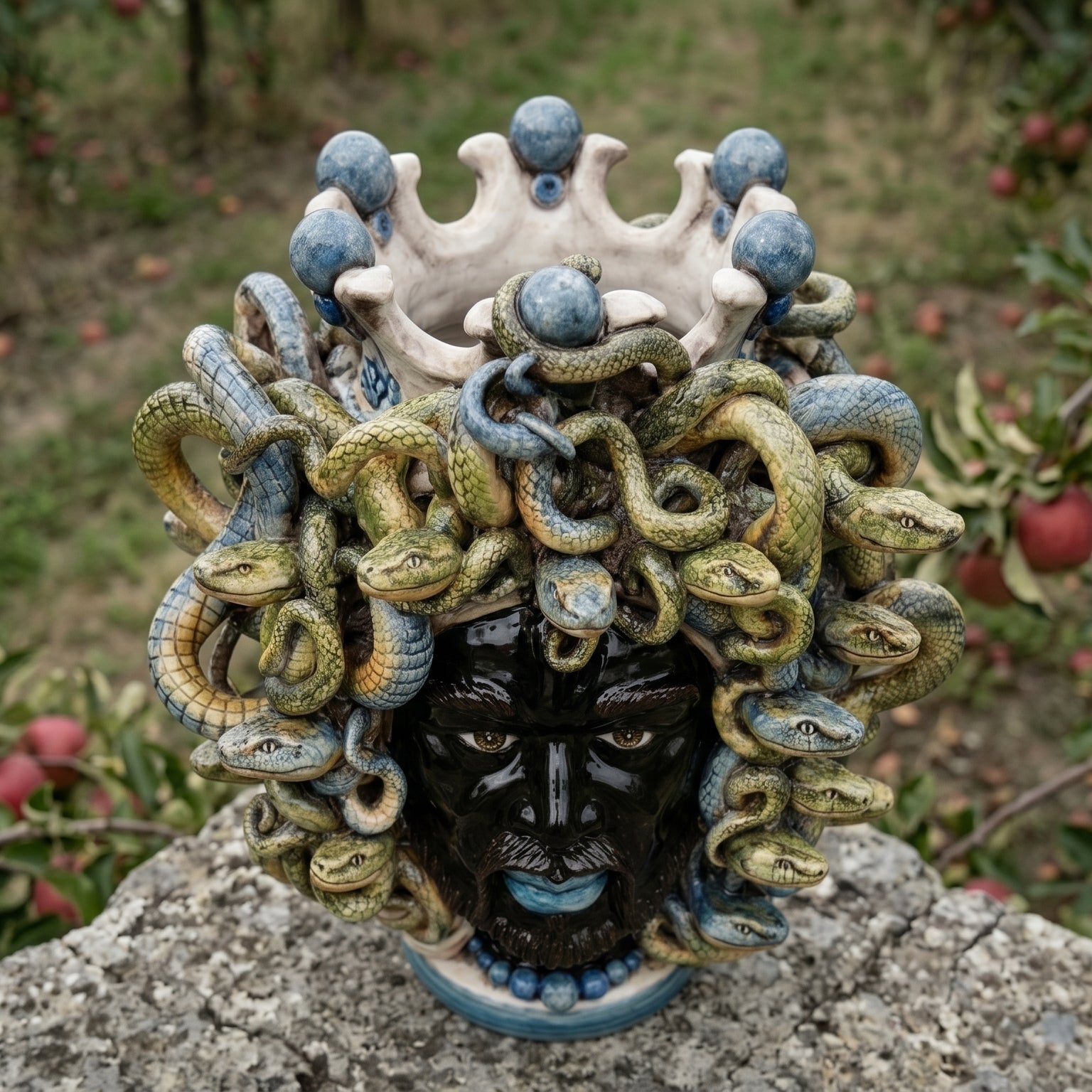 Testa Medusa, con Perline Blu, chioma di serpenti. Ceramica siciliana di Caltagirone, Sofia