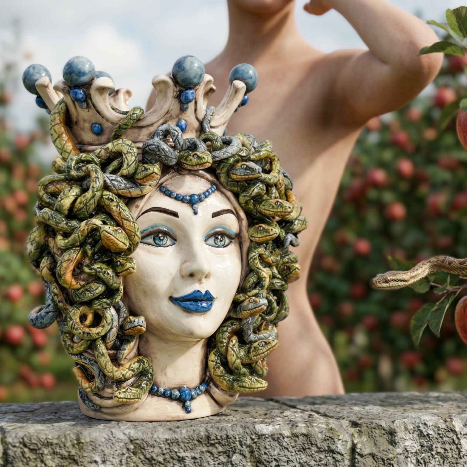 Testa Medusa, Madreperla Antichizzato, Perline Blu, chioma di serpenti. Ceramica siciliana di Caltagirone, Sofia