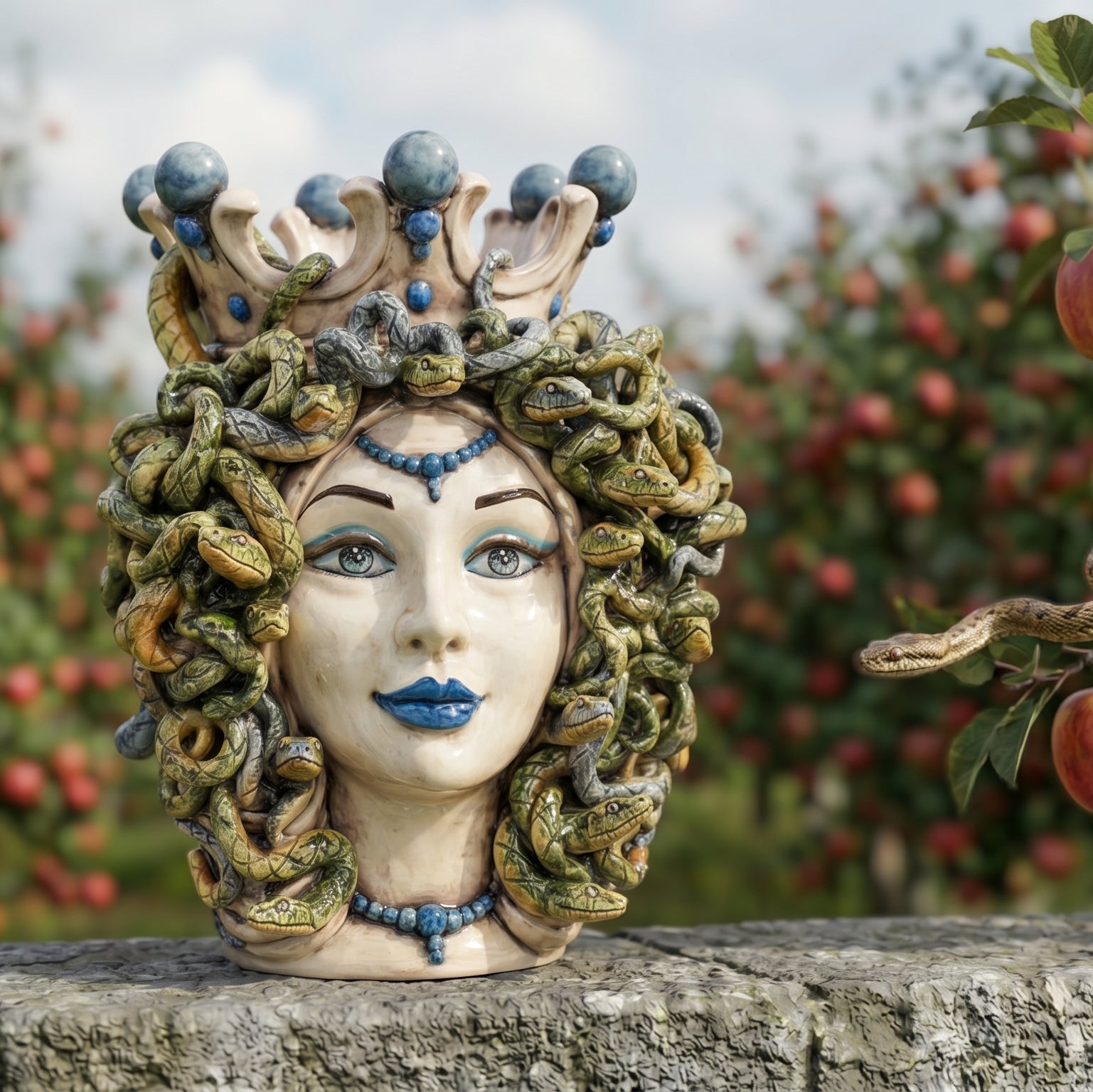 Testa Medusa, Madreperla Antichizzato, Perline Blu, chioma di serpenti. Ceramica siciliana di Caltagirone, Sofia