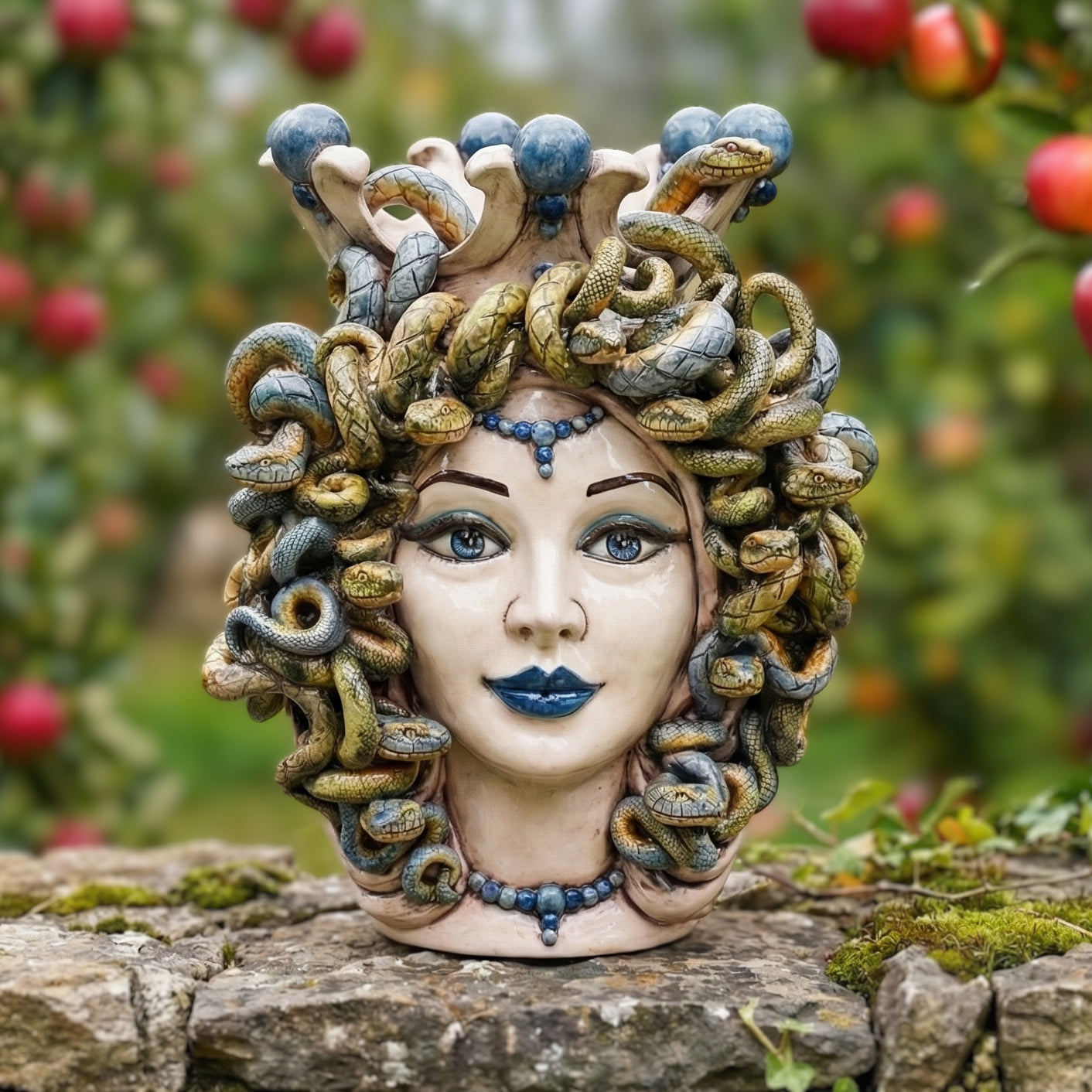 Testa Medusa, Madreperla Antichizzato, Perline Blu, chioma di serpenti. Ceramica siciliana di Caltagirone, Sofia