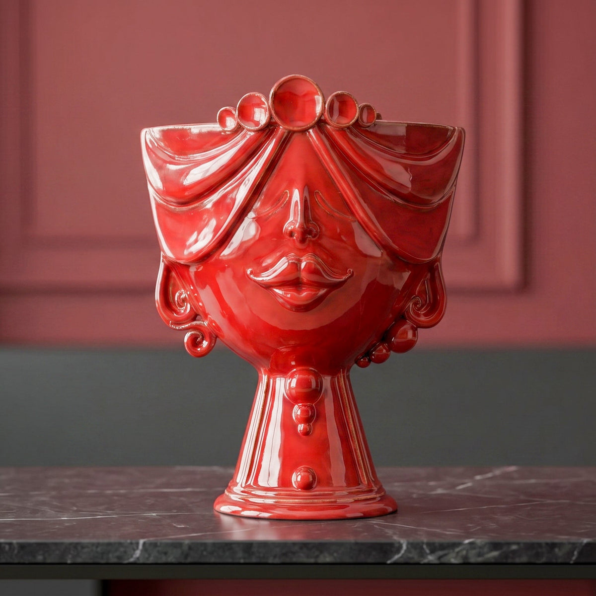 Testa Zahira h 30 cm - Donna, Rosso Fuoco | Ceramica Caltagirone