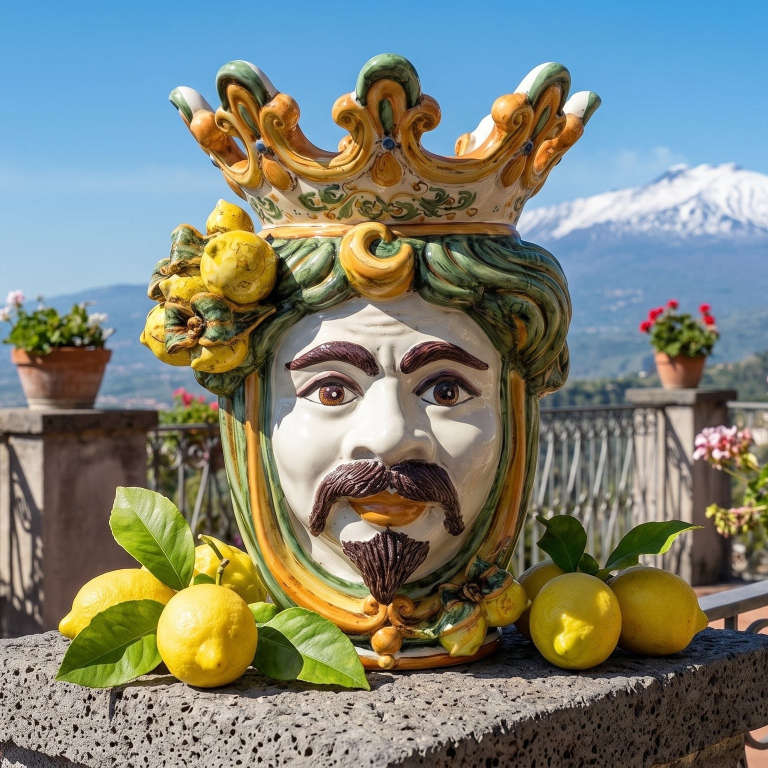 Testa di Moro con Limoni, Maschio Bianco, Verde e Arancio. Ceramica siciliana di Caltagirone, Sofia