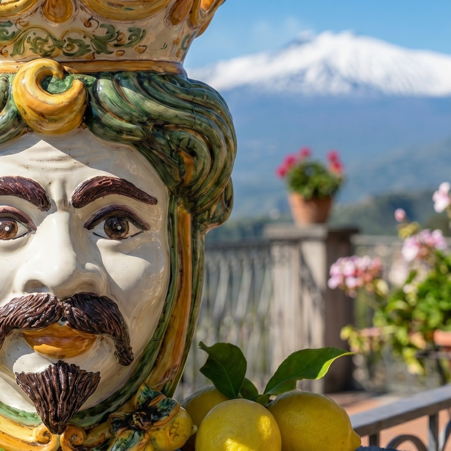 Testa di Moro con Limoni, Maschio Bianco, Verde e Arancio. Ceramica siciliana di Caltagirone, Sofia