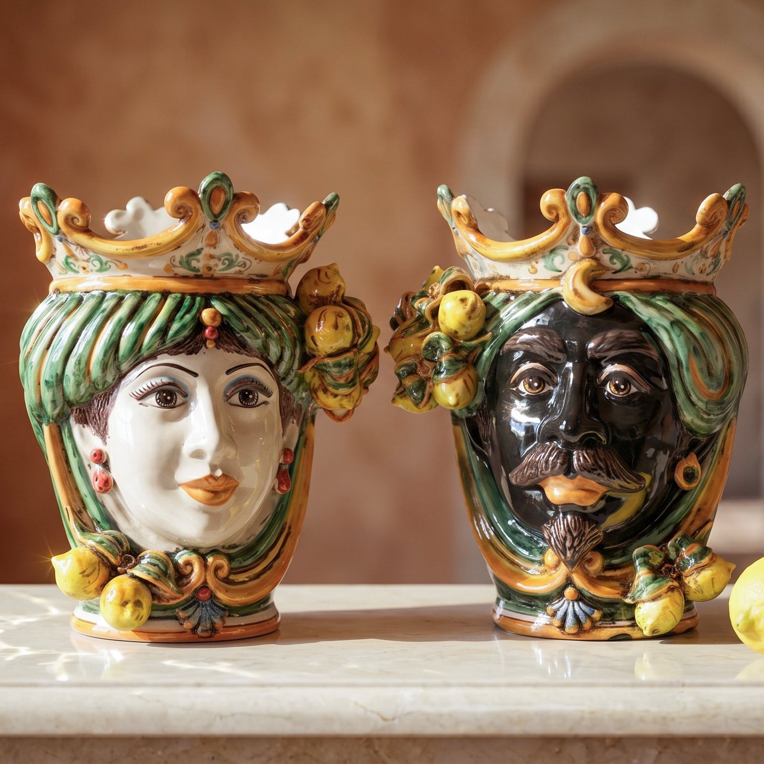 Testa di Moro con Limoni, Verde e Arancio, corona. Ceramiche Sofia, Caltagirone
