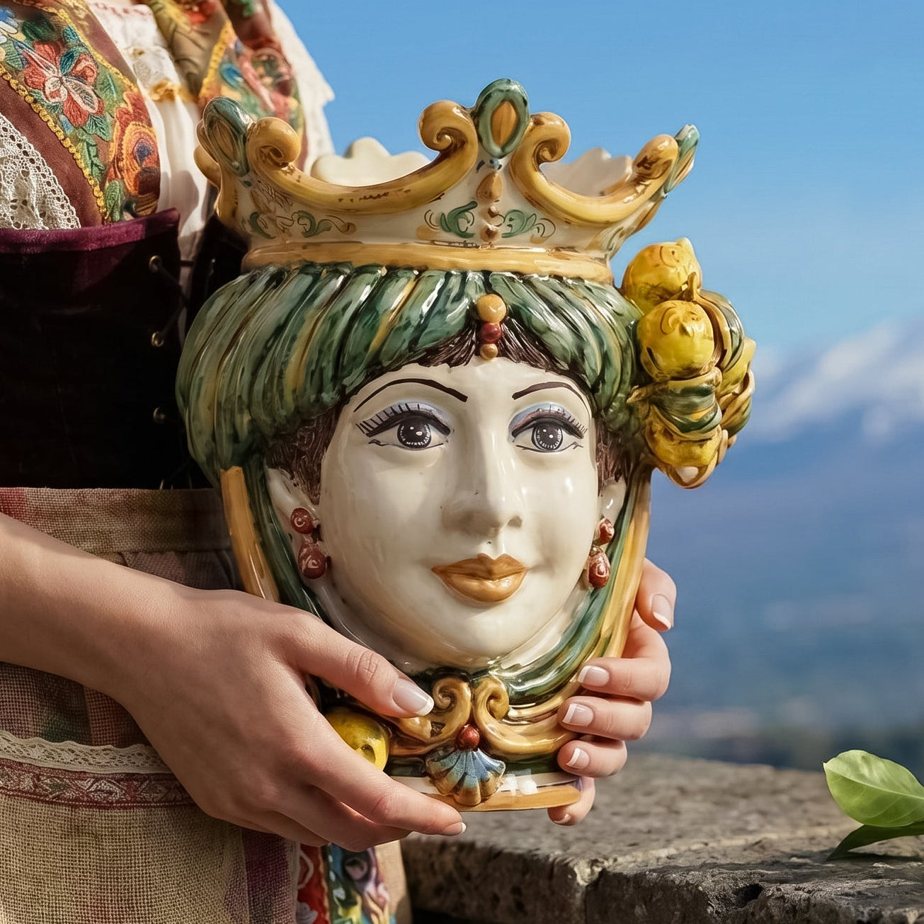 Testa di Moro con Limoni, Donna, Verde e Arancio, corona. Ceramiche Sofia, Caltagirone