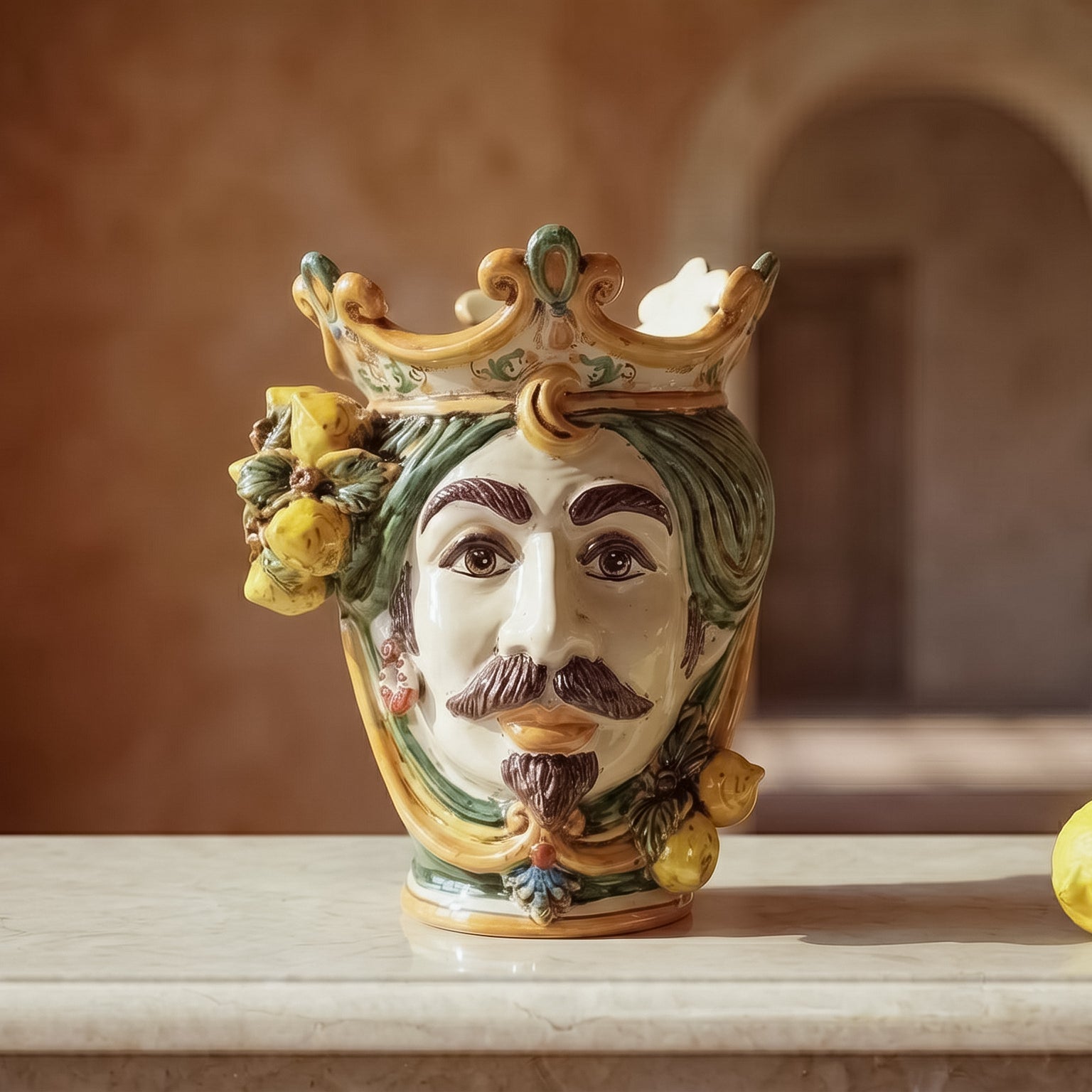Testa di Moro con Limoni, Maschio Bianco, Verde e Arancio, corona. Ceramiche Sofia, Caltagirone