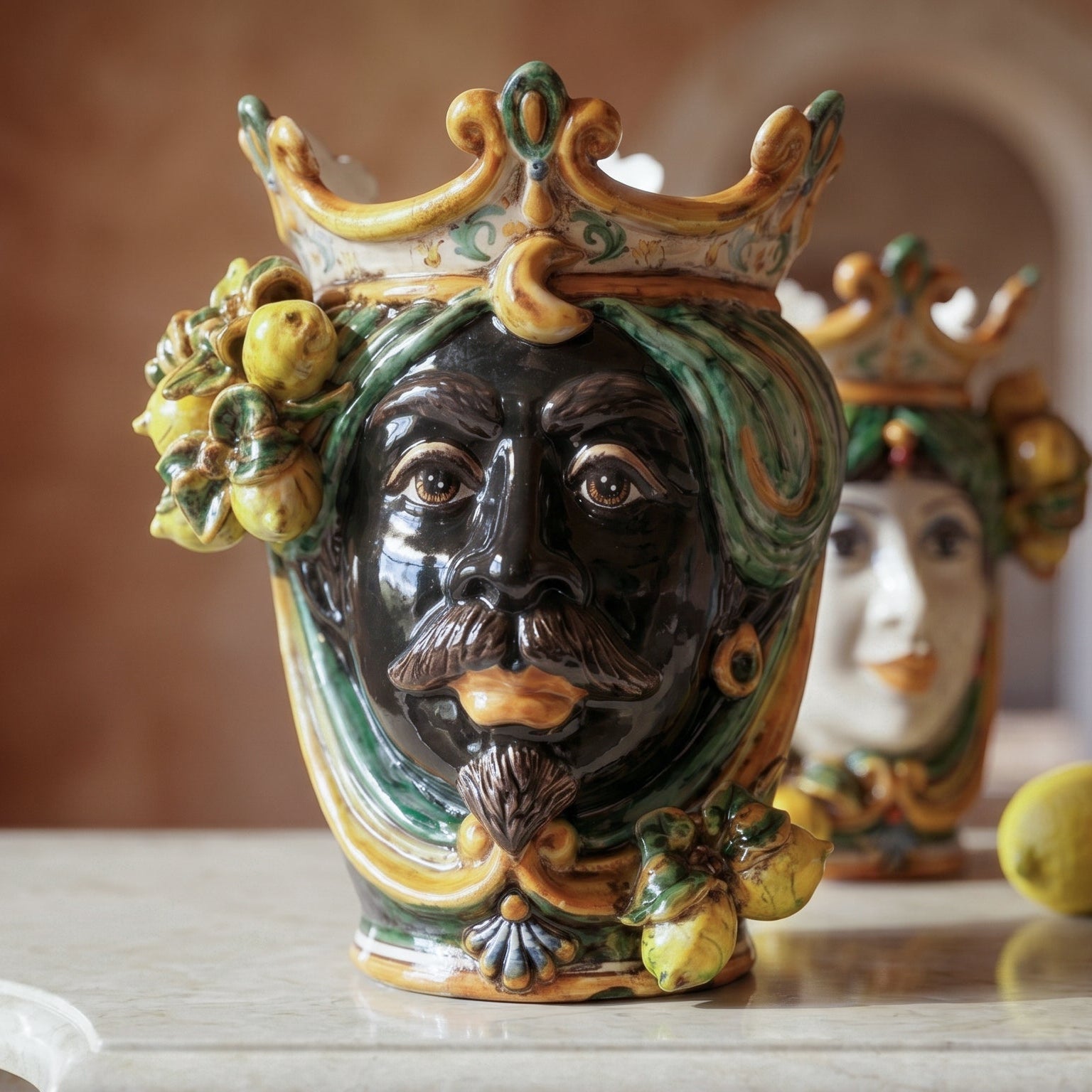 Testa di Moro con Limoni, Maschio Moro, Verde e Arancio, corona. Ceramica siciliana di Caltagirone, Sofia