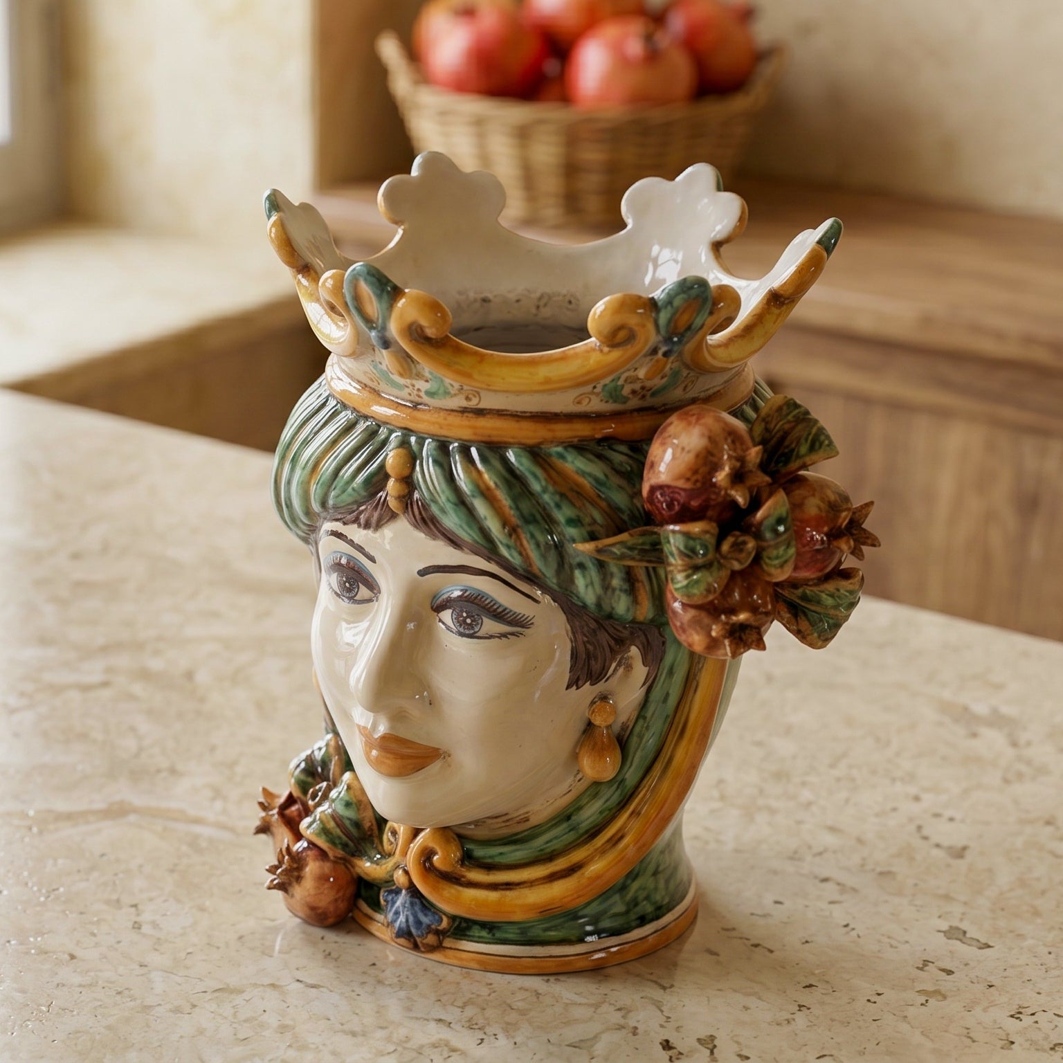 Testa di Moro con Melograni, Donna, Verde e Arancio, corona. Ceramiche Sofia, Caltagirone