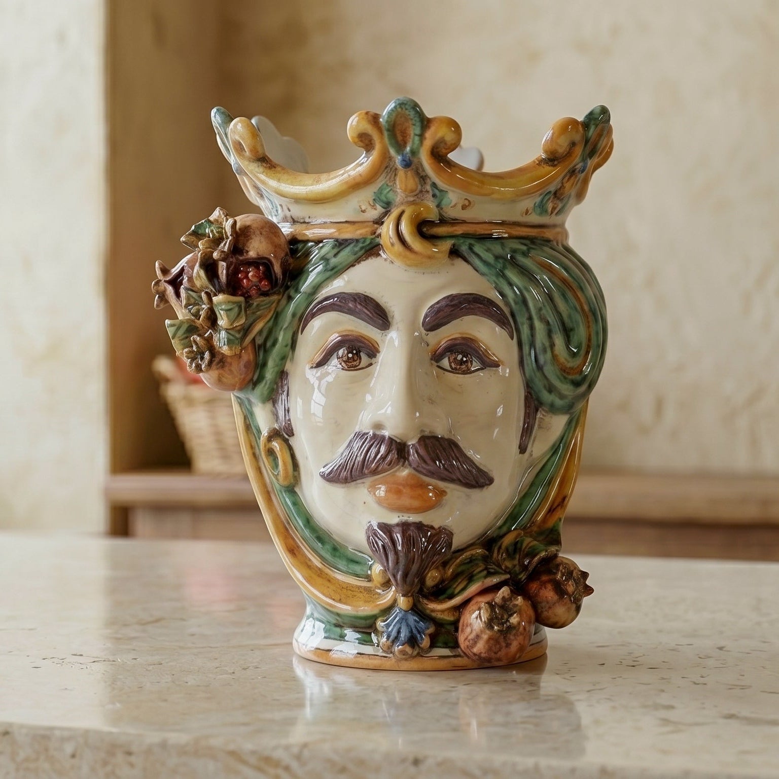 Testa di Moro con Melograni, Maschio Bianco, Verde e Arancio, corona. Ceramiche Sofia, Caltagirone