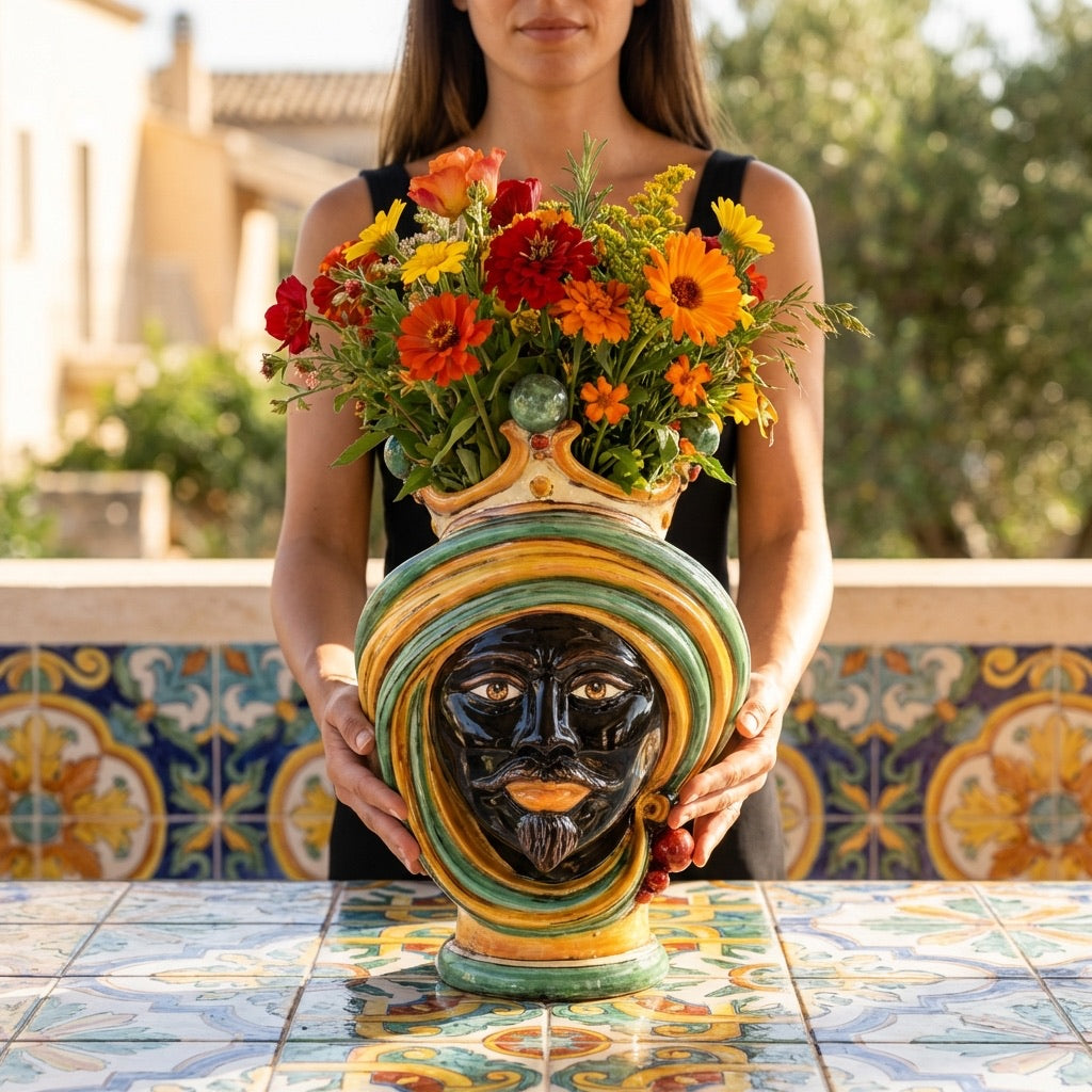 Testa di Moro, Maschio Moro, Verde e Arancio. Ceramica siciliana di Caltagirone, Sofia